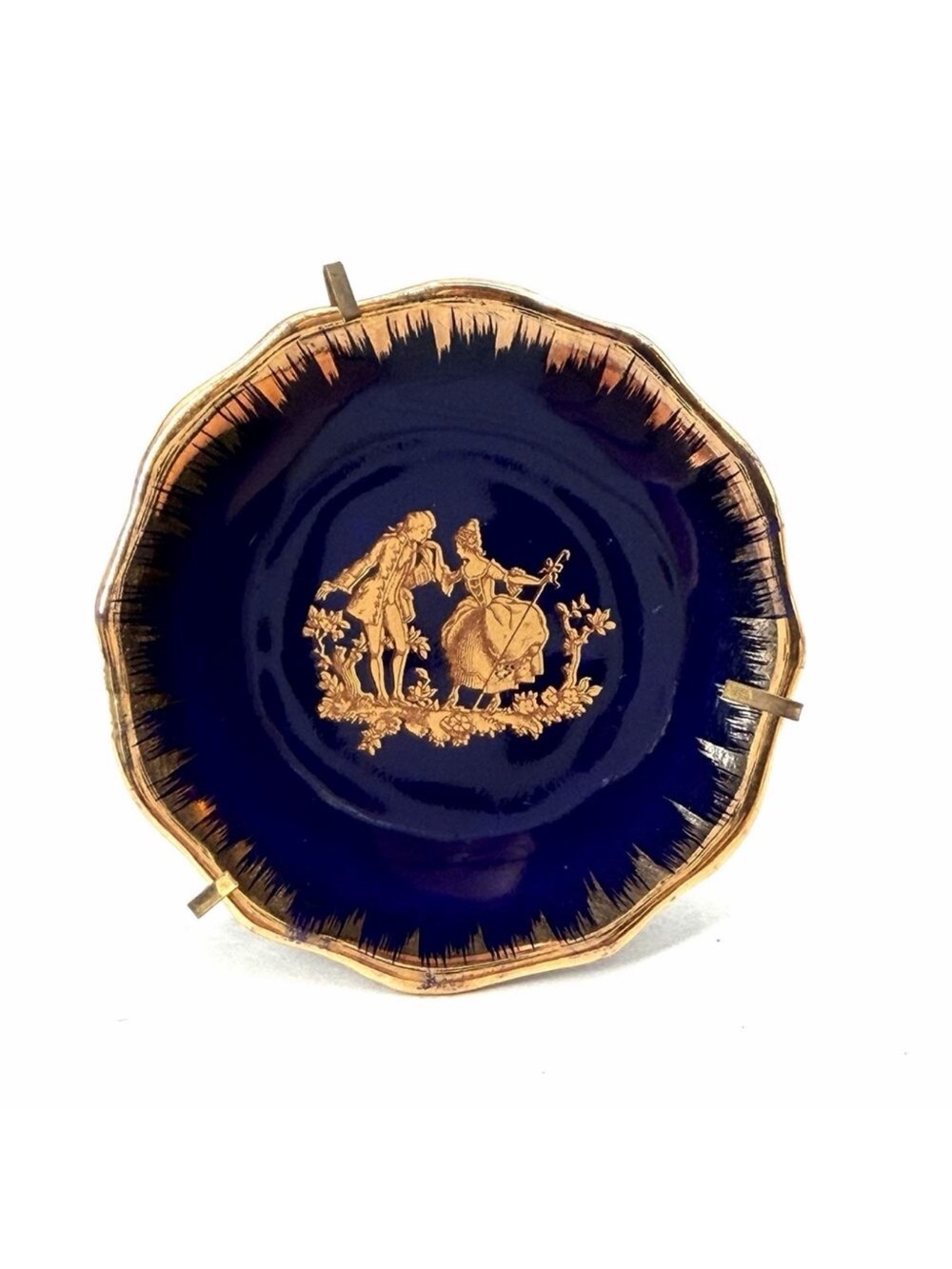 Limoges France Cobalt Blue Romantic Courting Couple Miniature Plate With Stand